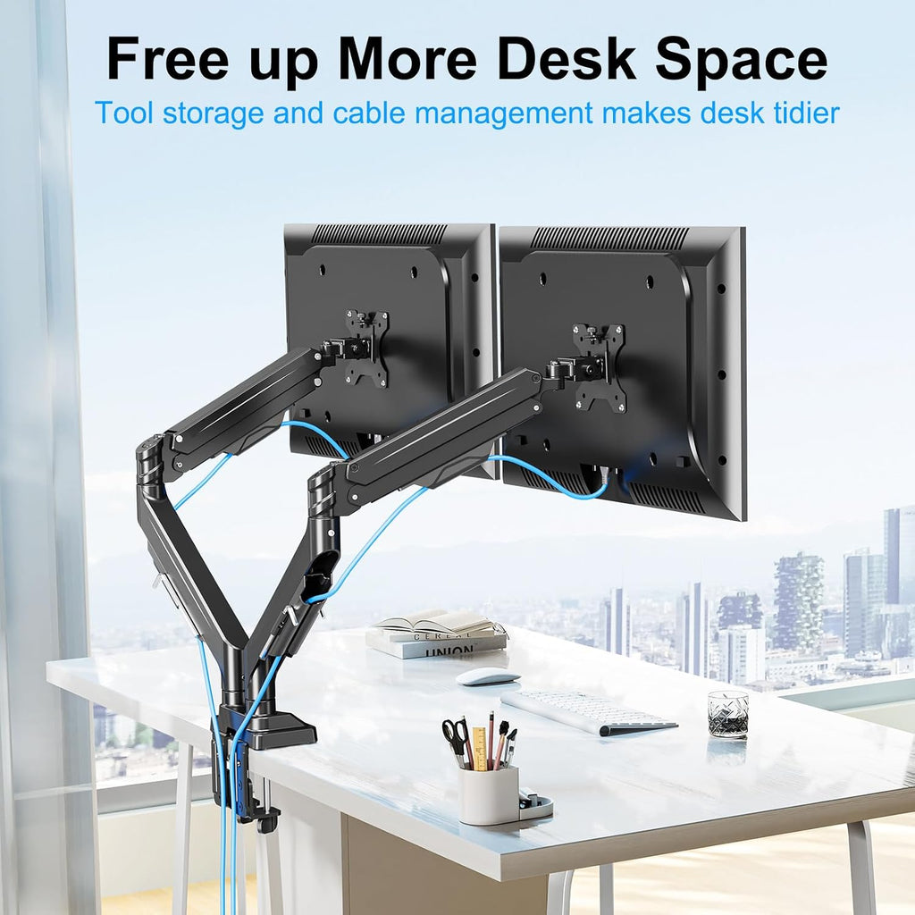 dual monitor mount for screens up to 43" showing dimensions