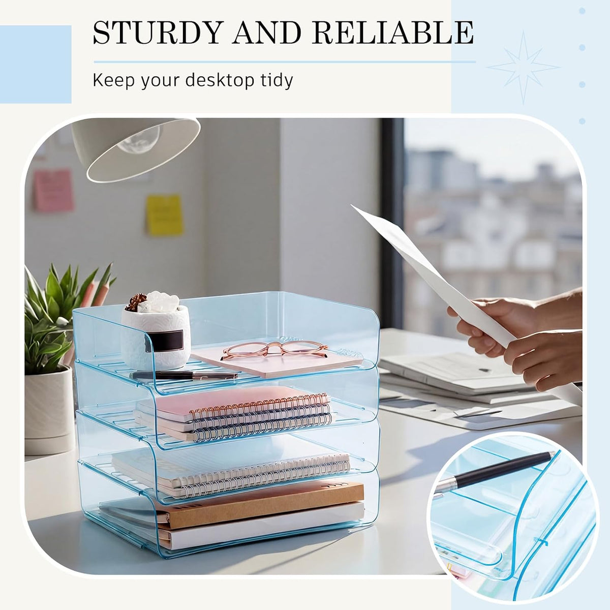 Harloon 4 Tier Clear Blue Acrylic Paper Organizer Letter Tray, Aesthetic Stac...
