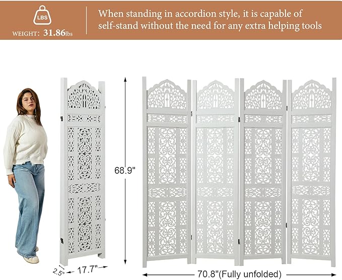 5.75Ft Room Divider Wood Screen, 33Lbs Durable Antiqued Style MDF Carved - Image 5