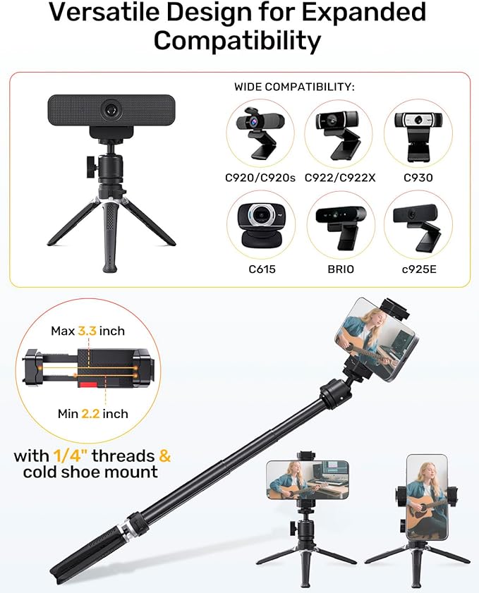 Webcam Tripod Stand for Desk, 3 Level Extendable Camera Tripod Mount for - Image 5