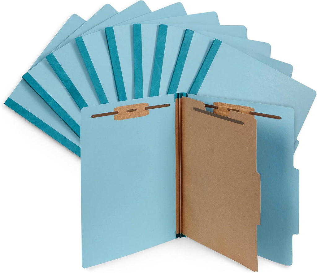 Blue Summit Supplies 10 Classification Folders, 1 Divider, Light Blue | Heavy-duty, letter size, 2 in expansion, 2 prong fasteners, 1 divider, for medical and legal files