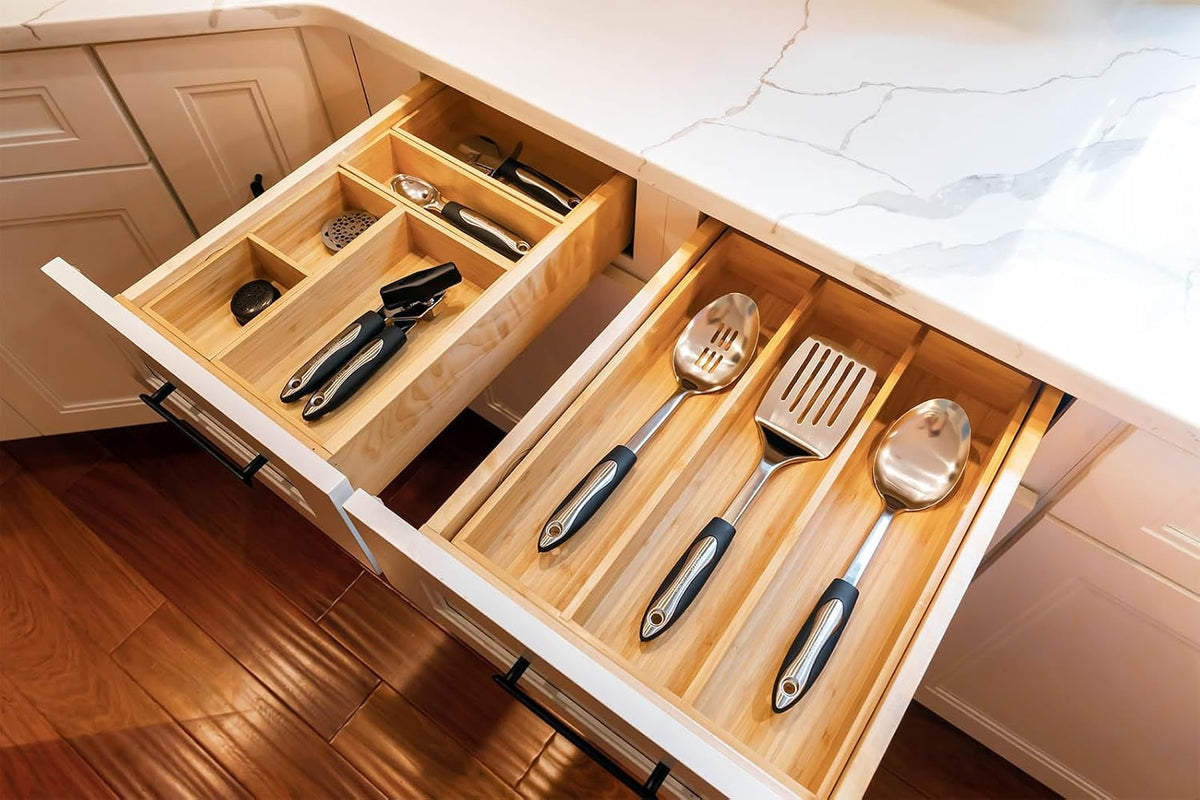 Umilife Bamboo Kitchen Utensils Organizer, 13 Inch Drawer Dividers for Silver...