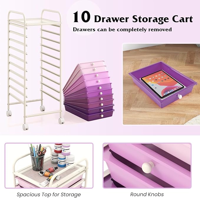 Giantex 10-Drawer Storage Cart w/Universal Wheel, Rolling Cart w/Handle - Image 5