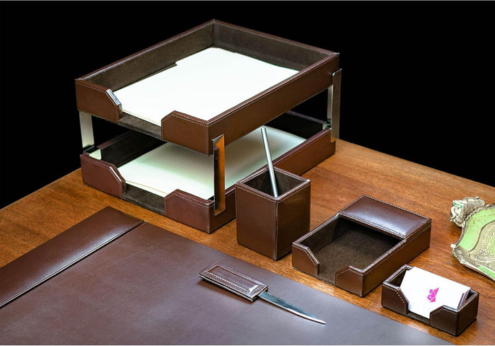 Dacasso Dark Brown Bonded Leather 8-Piece Desk Accessory Set - Organization Essentials & Executive Decor - Luxury Leather Blotter for Office Organization