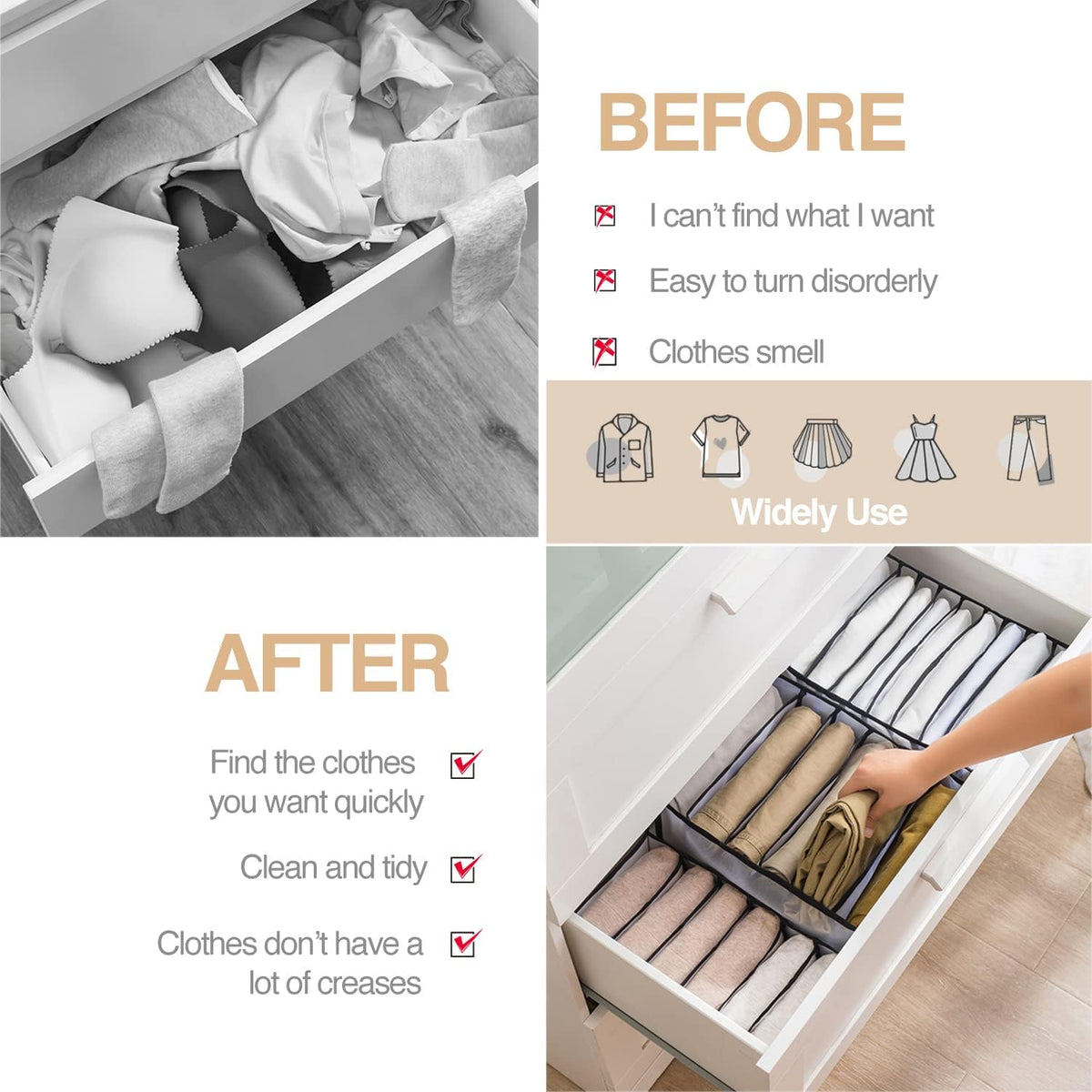 Wardrobe Clothes Organizer, 7 Grids Washable Portable Closet Organizer Mesh S...