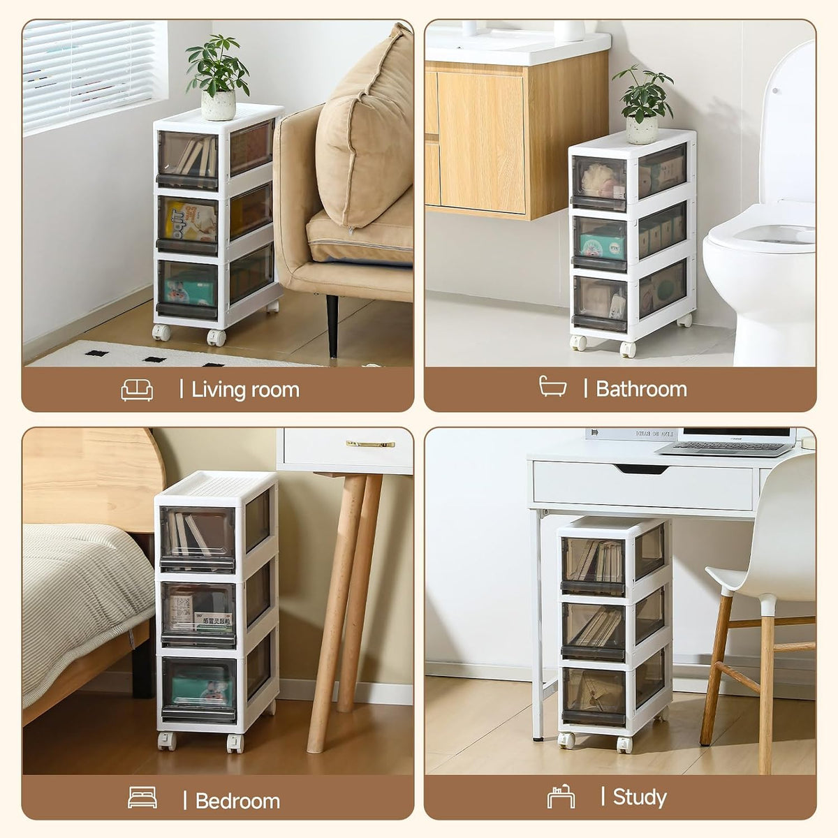 Plastic 3 Drawer Storage Organizer, Narrow Plastic Storage Drawers with Wheel...
