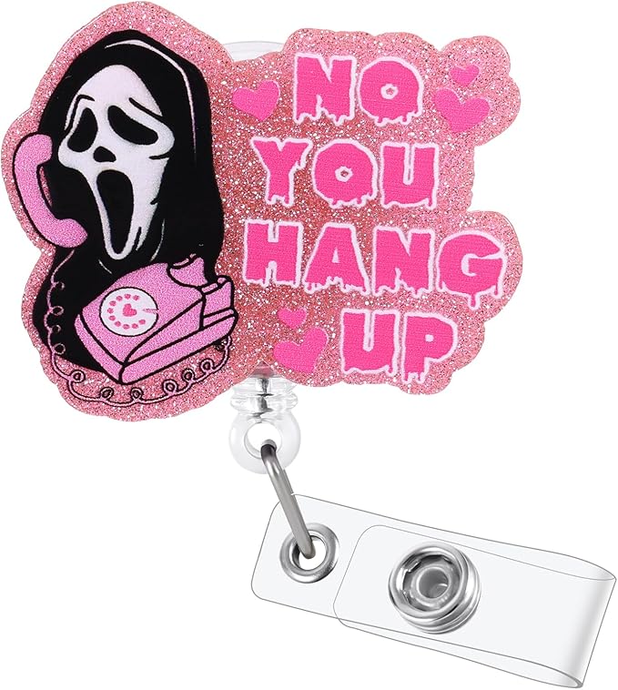 BVIIE No You Hang Up Funny Ghost Badge Reel, Retractable ID Card Pink Badge by BVIIE