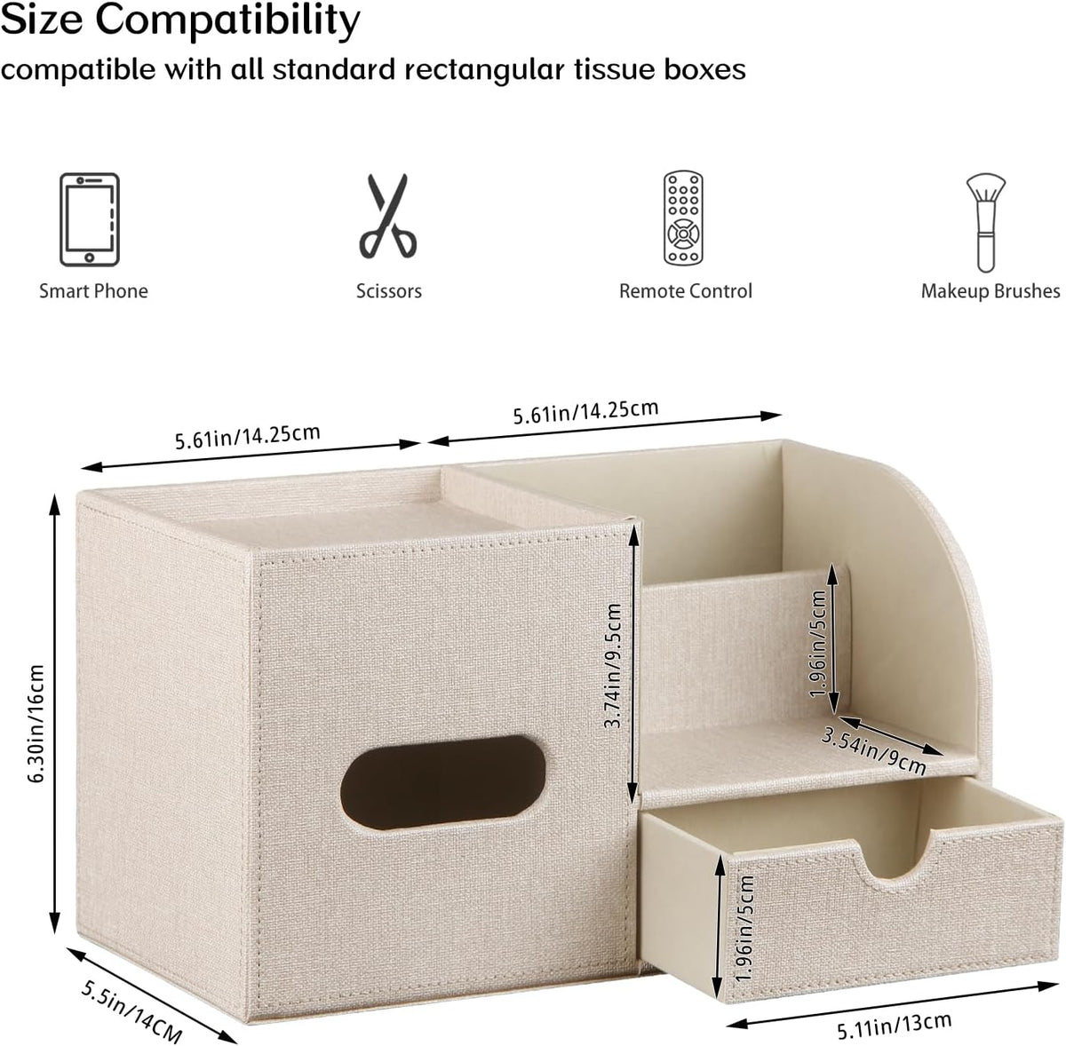 PU Leather Tissue Box Cover Square with Drawer Storage and Tray on Top