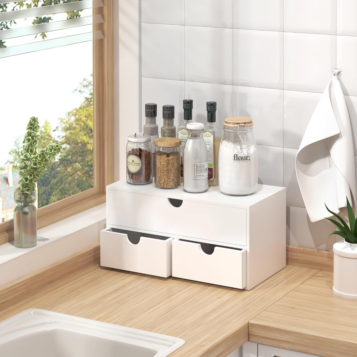 Bamboo Desk Organizer with Drawers Desktop Storage Drawers for Bills Office S...
