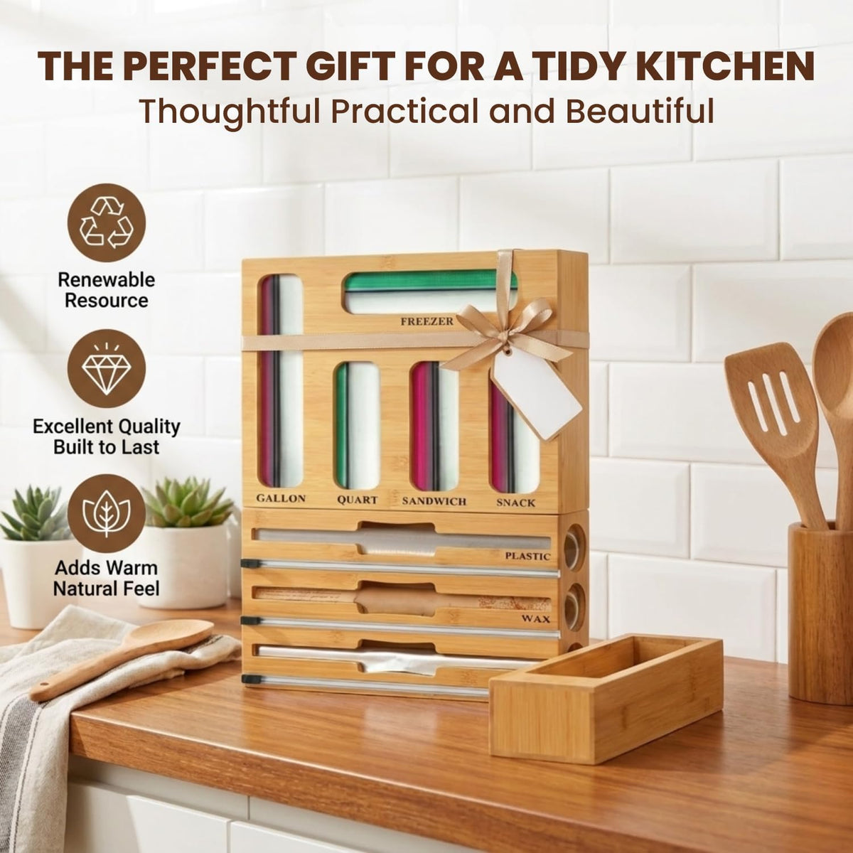 9 in 1 Storage Bag Organizer for Kitchen Drawer, Bamboo Foil and Plastic Wrap...