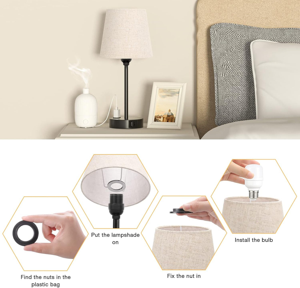 Bedside Table Lamps Set 2 for Bedroom - Dimmable Touch, USB C+A, AC Outlet