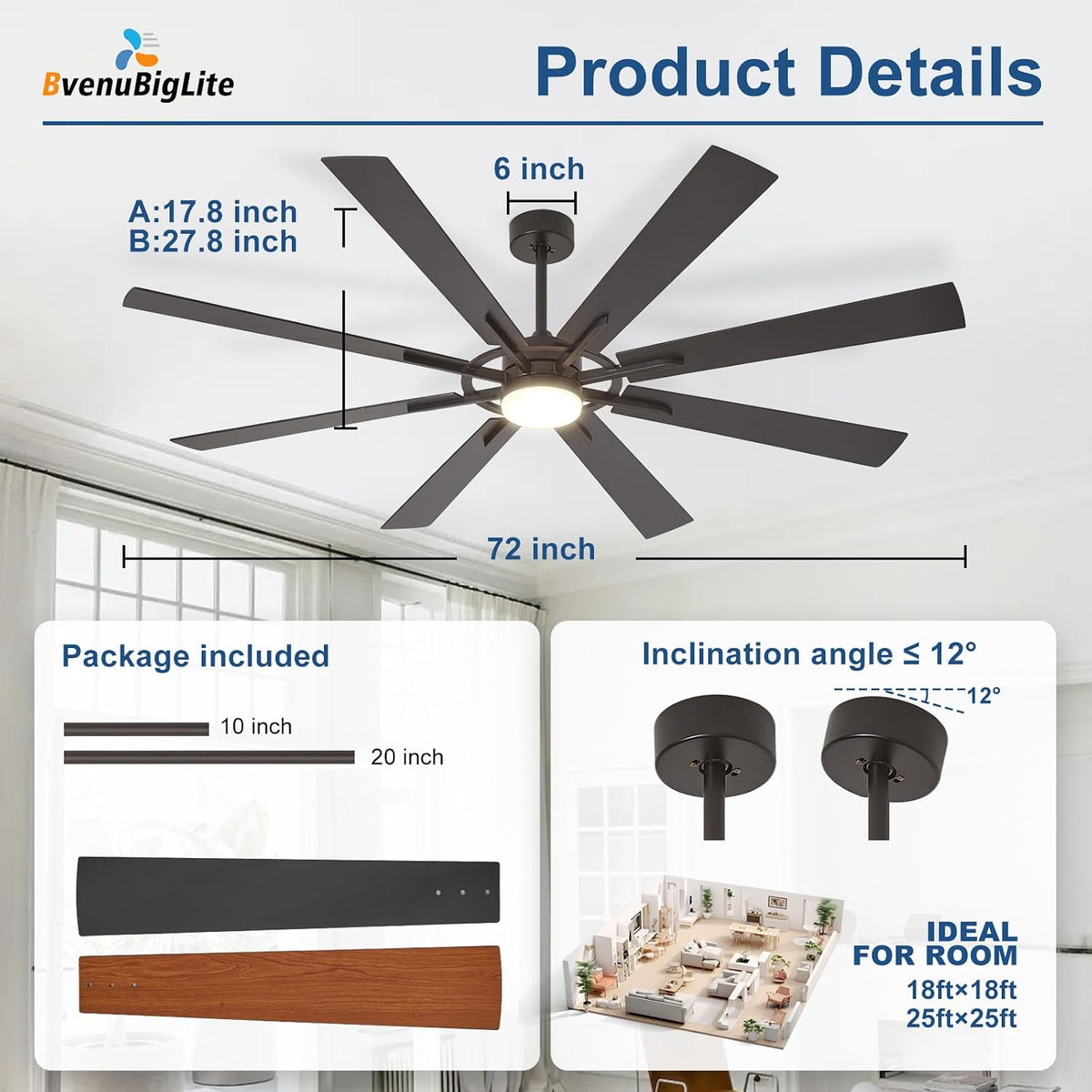 large ceiling fans with lights: modern 72 inch, side view