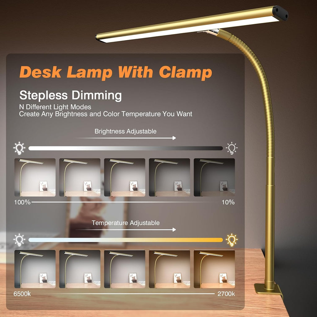 airlonv led desk lamp with clamp, 17" stepless shown in use