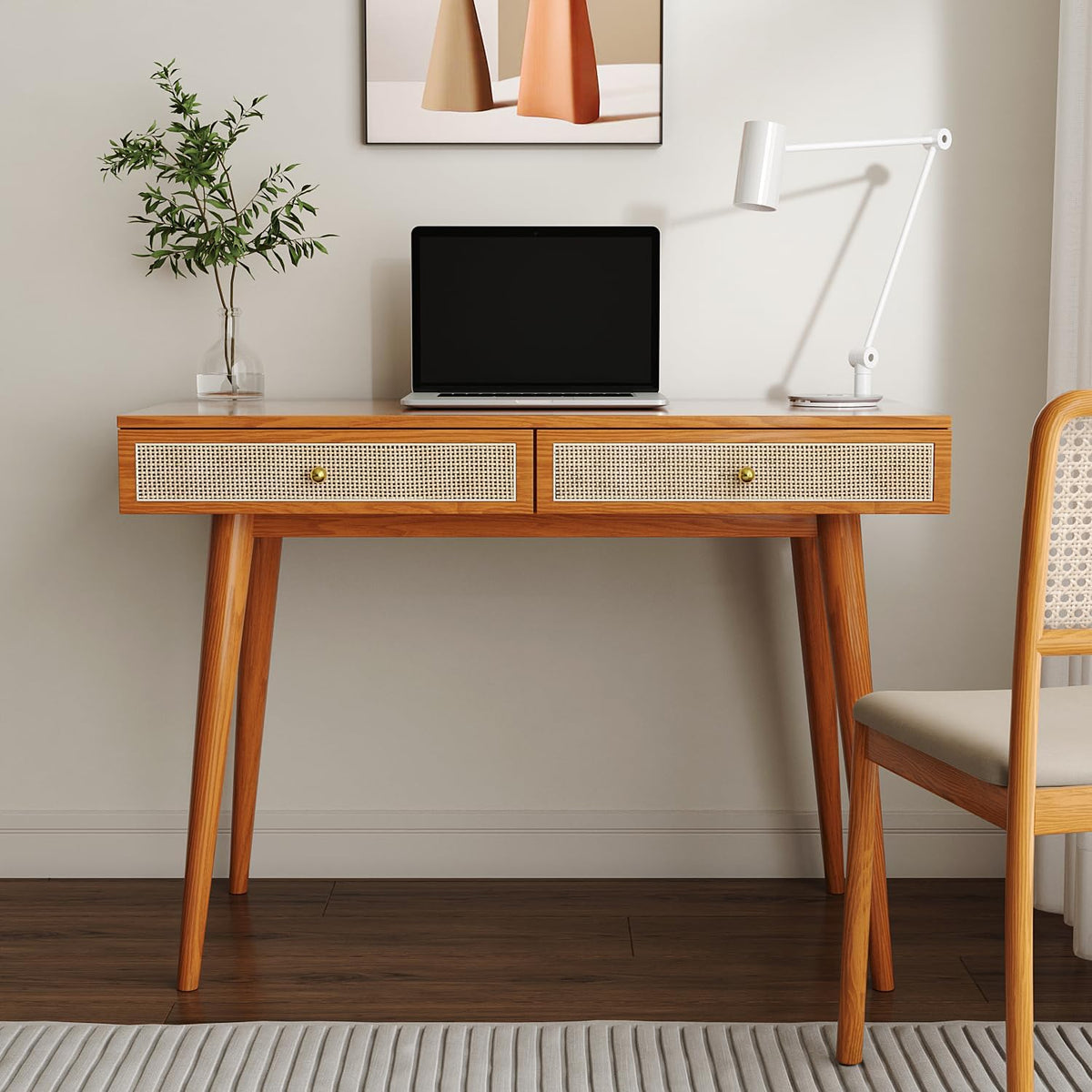 Mid-Century Modern Solid Wood Desk with Drawers – 45 inch Small Boho Rattan W...