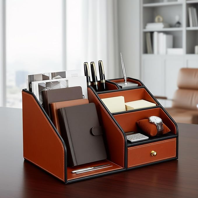 KINGFOM PU Leather Desk Organizer, Pen Pencil Holder/Book Mail Organizer Holder - Image 9