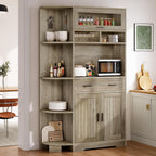 YITAHOME 67" Kitchen Hutch with Outlet, Shelves & Drawer, Antique Gray | Farmhouse Microwave Stand Buffet Coffee Bar for Living Room and Dining Room
