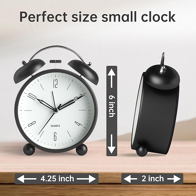 Twin Bell Loud Alarm Analog Alarm Clock, 4 inch Super Silent Non Ticking Small - Image 7