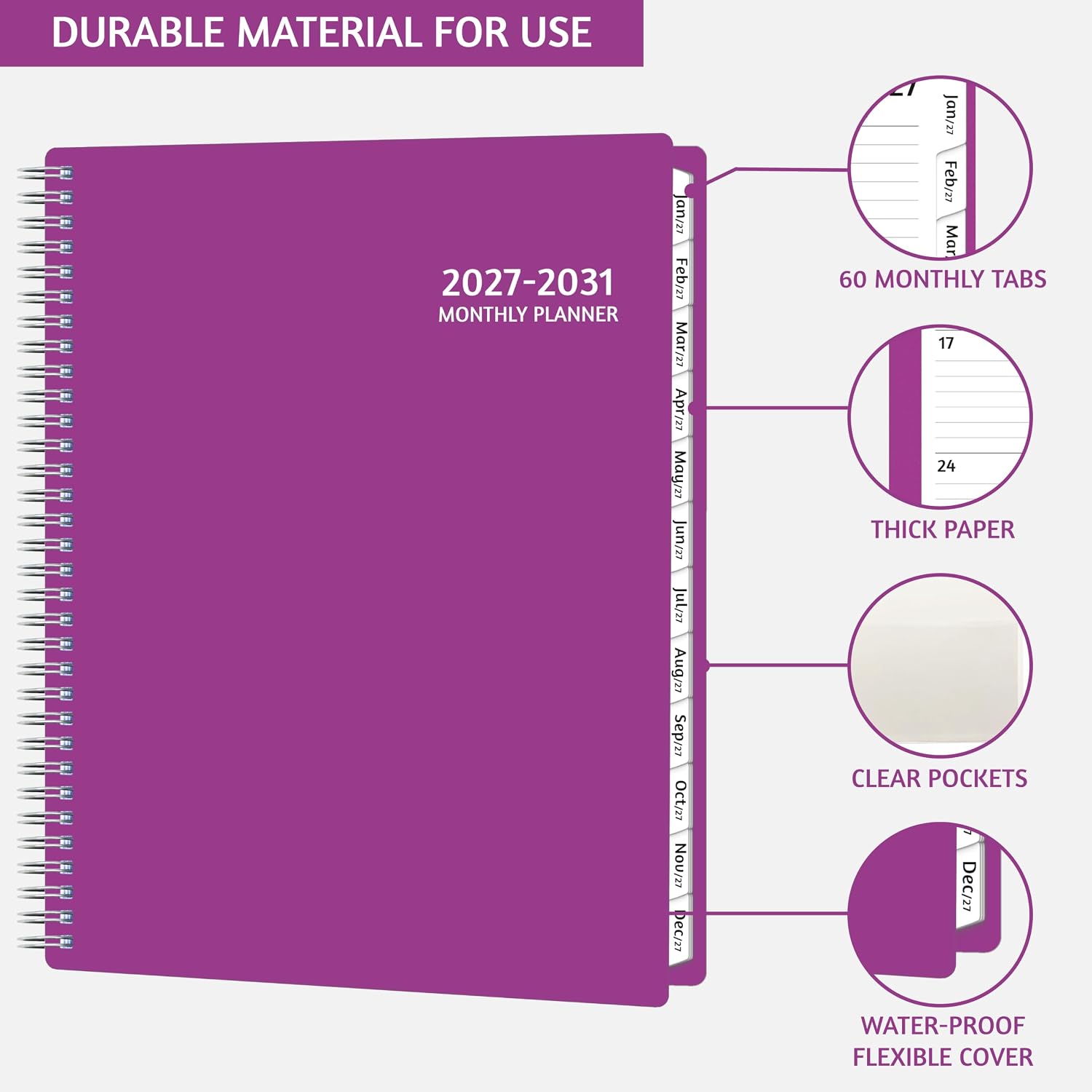 Monthly Planner 2027-2031, 5-Year Calendar Planner 2027-2031, Jan 2027 – Dec 2031, 8.5 x 11 In, Ruled Spread, Flexible Cover, Spiral Wirebound, Pocket, 60 Coated Monthly Tabs, Notes ＆ Habit Tracker, A4 Planner, Purple