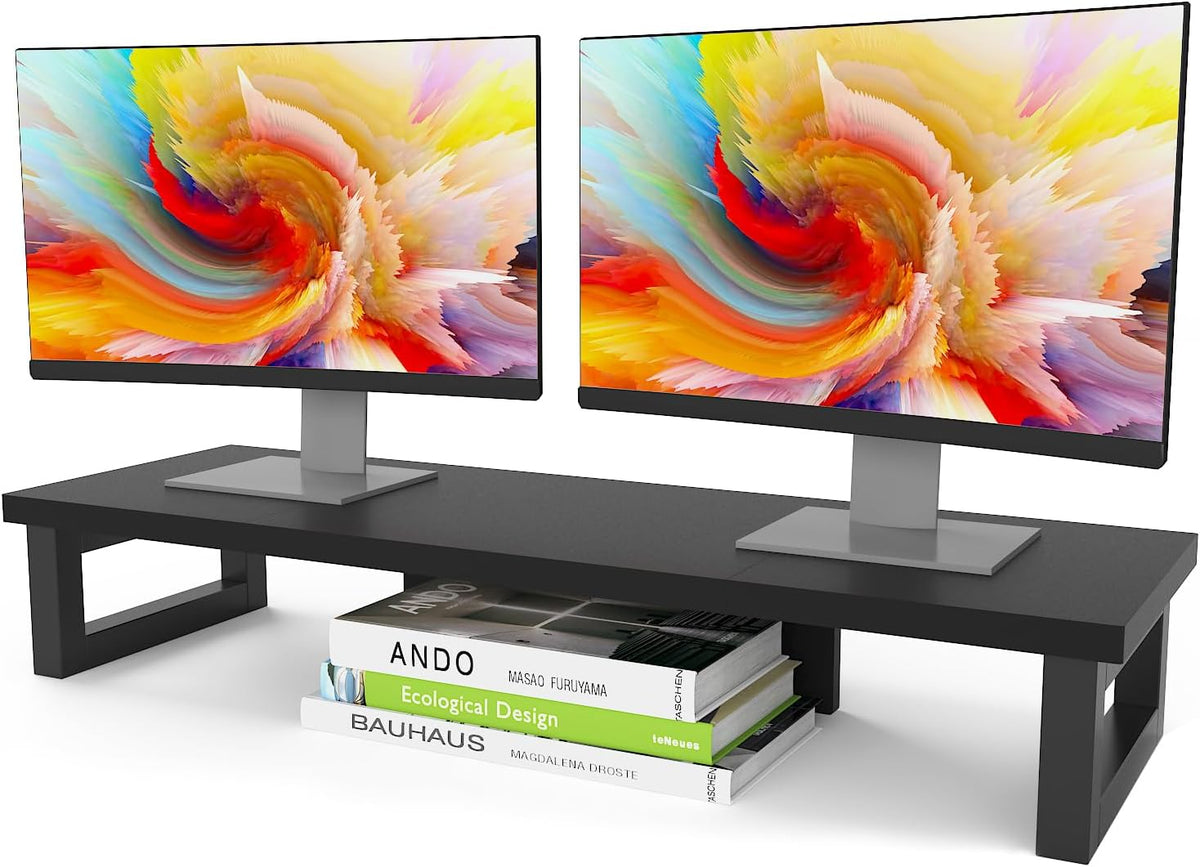 westree dual monitor stand riser, wood and steel, main product view