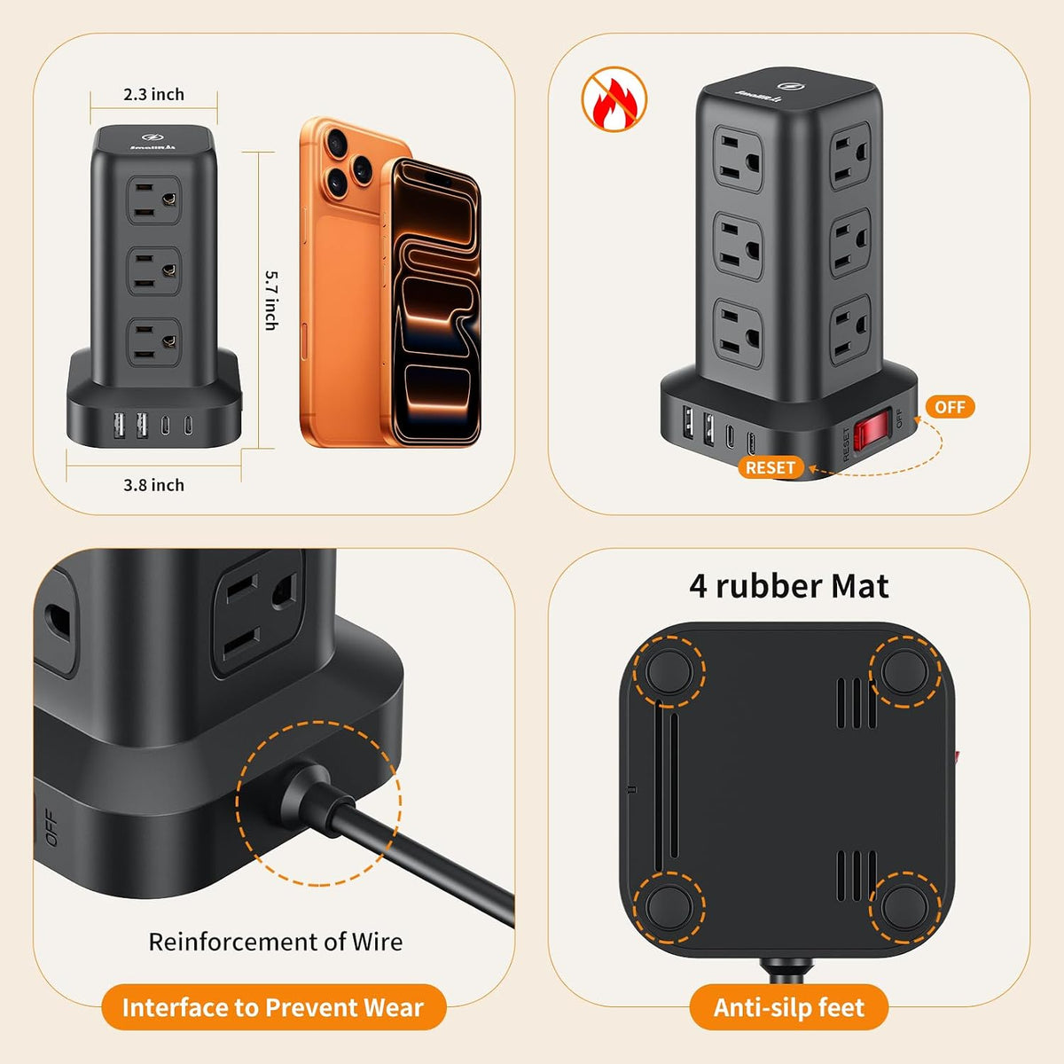 Extension Cord with Multiple Outlets, SMALLRT Power Strip Tower, Outlet Exten...