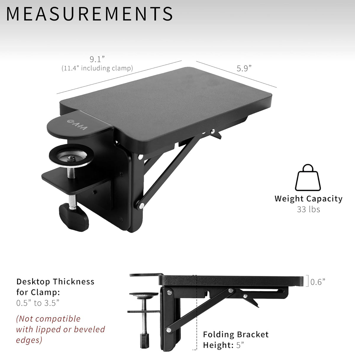 VIVO Black Clamp-on 6 x 9 inch Desk Extender, DESK-EXT09