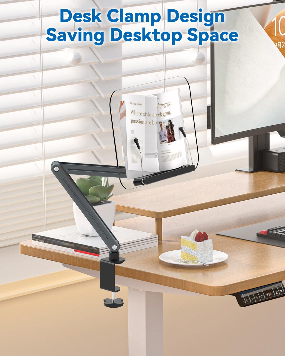 Desk Clamp Acrylic Book Stand for Reading, Ergonomic Design Adjustable Height...
