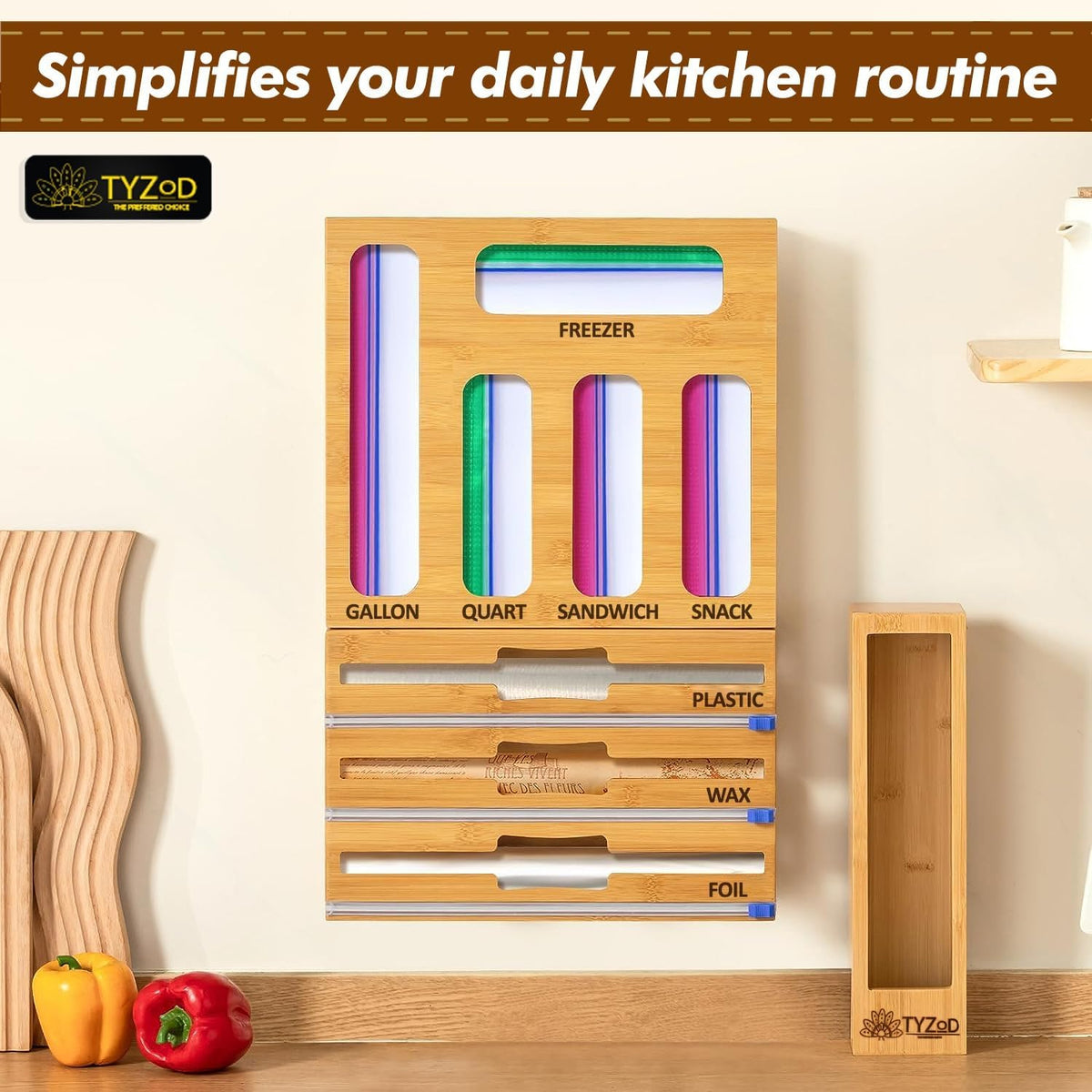 9-in-1 Bamboo Storage Bag Organizer with Cutter, Kitchen Drawer & Wall Mo...