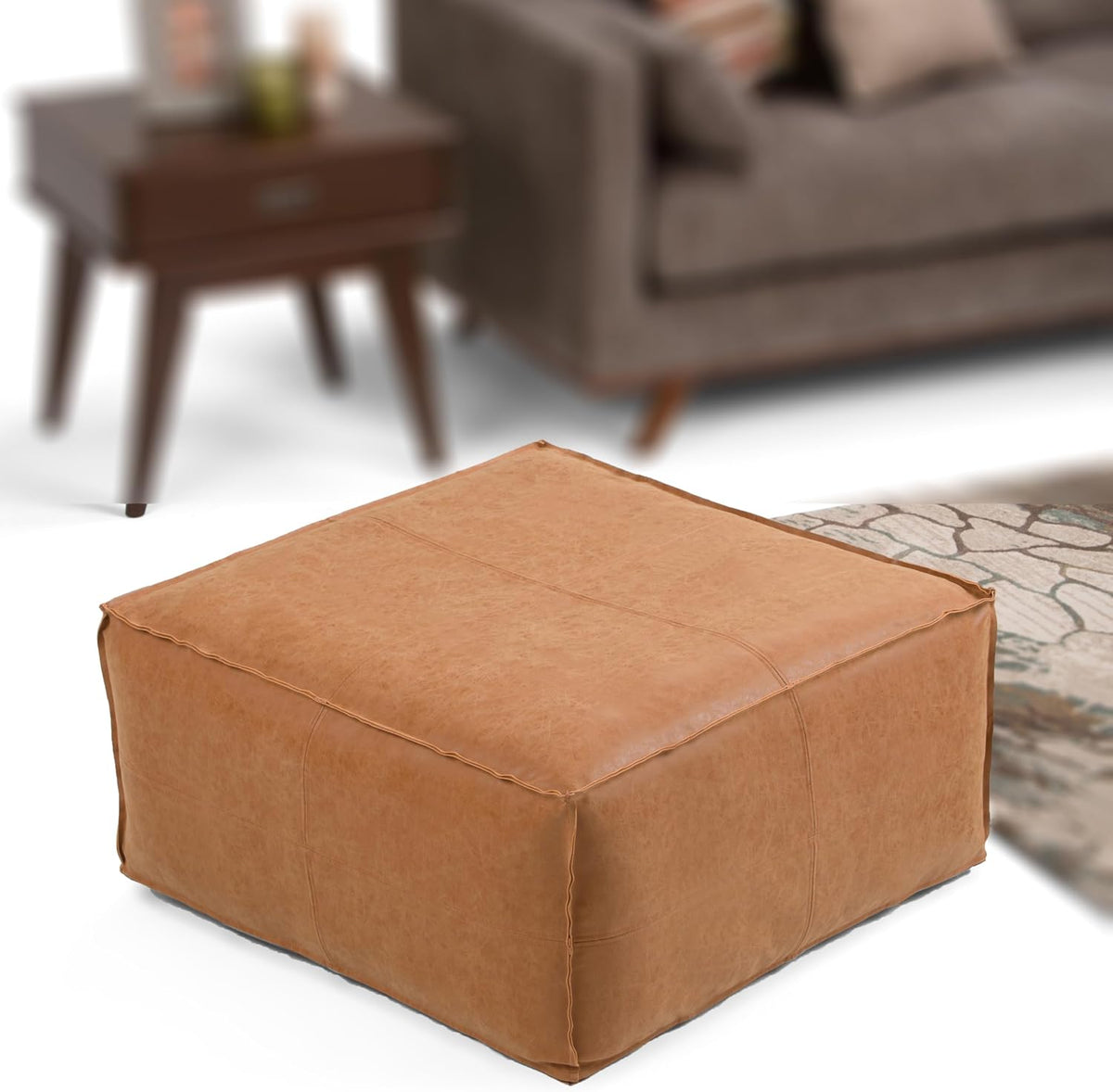 SIMPLIHOME Brody 30" Wide Pouf in Distressed Camel Brown Faux Leather