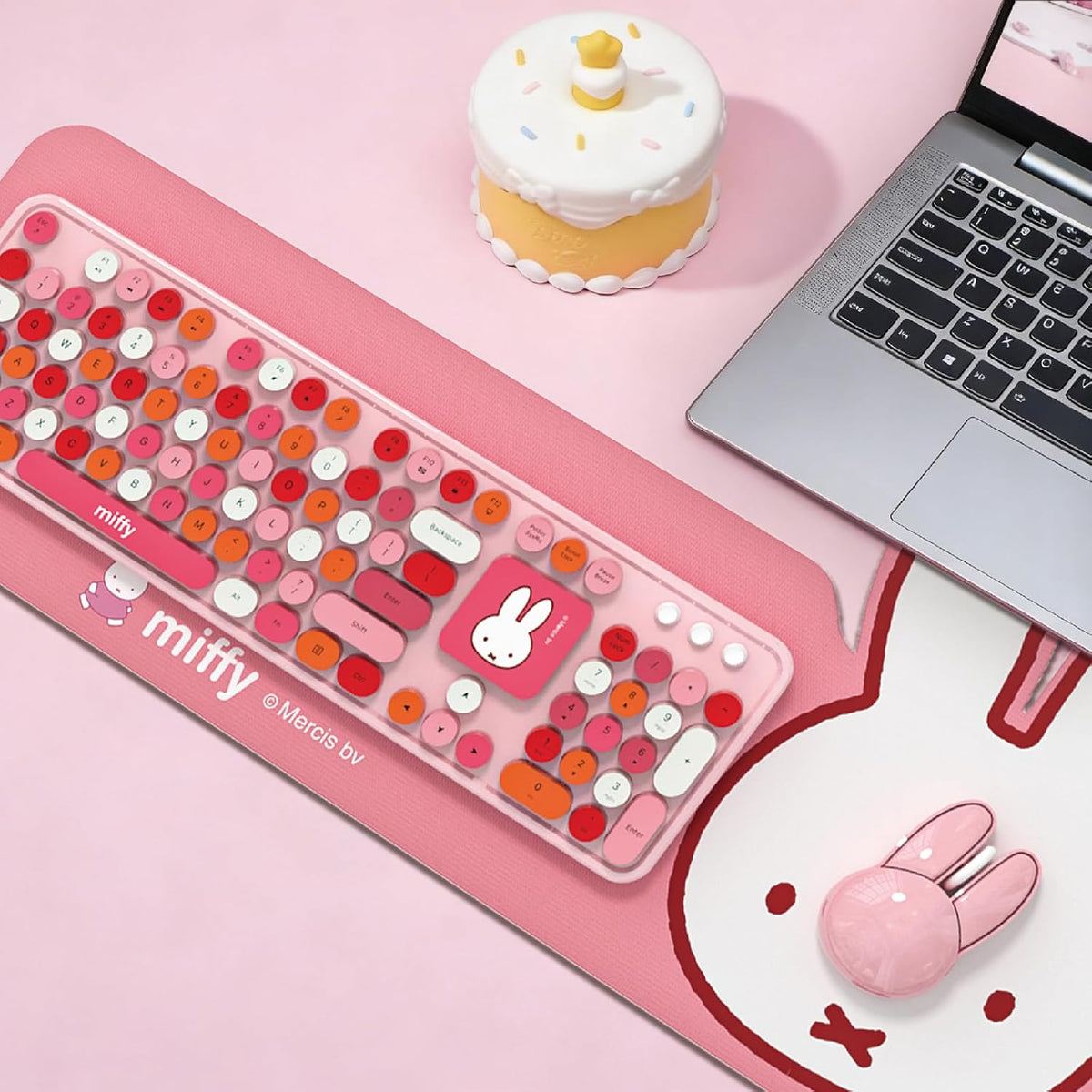Miffy 104-Key Wireless Keyboard & Mouse Combo with Large Pink Desk Pad - ...