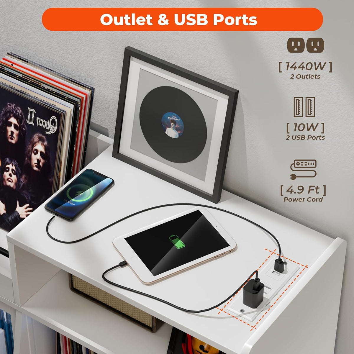 Large Record Player Stand -Turntable Stand Shelf w/Power Outlet & LED Light
