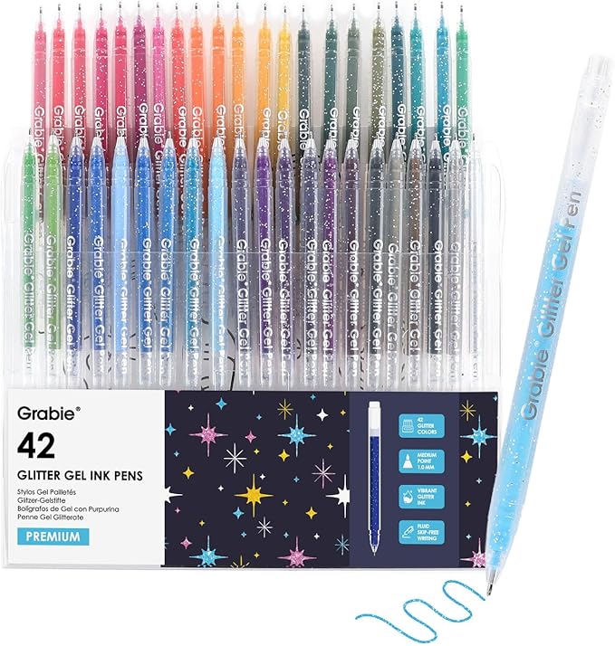 Grabie 42 Capped Glitter Gel Pen Set, 18 Iridescent&24 Essential Color Pens by Grabie