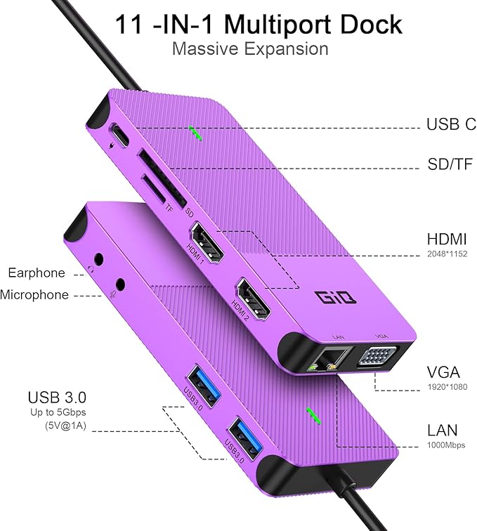 USB Docking Station GIQ USB C HUB USB 3.0 to Dual HDMI VGA Adapter Triple - Image 2