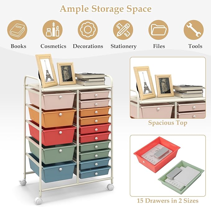 GLACER 15 Drawers Rolling Cart, Storage Cart - Image 4