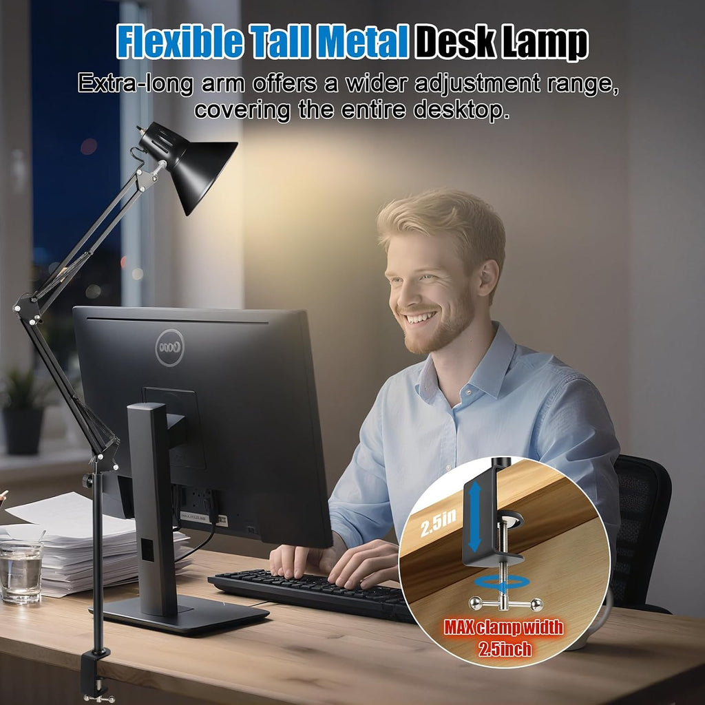 led clamp on desk lamp, 360°adjustable swing arm, side view