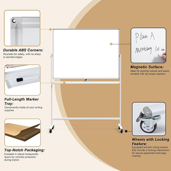 Rolling Whiteboard/w Height Adjustable, Mifuro 48 x 36 Large Portable Dry Erase - Image 6