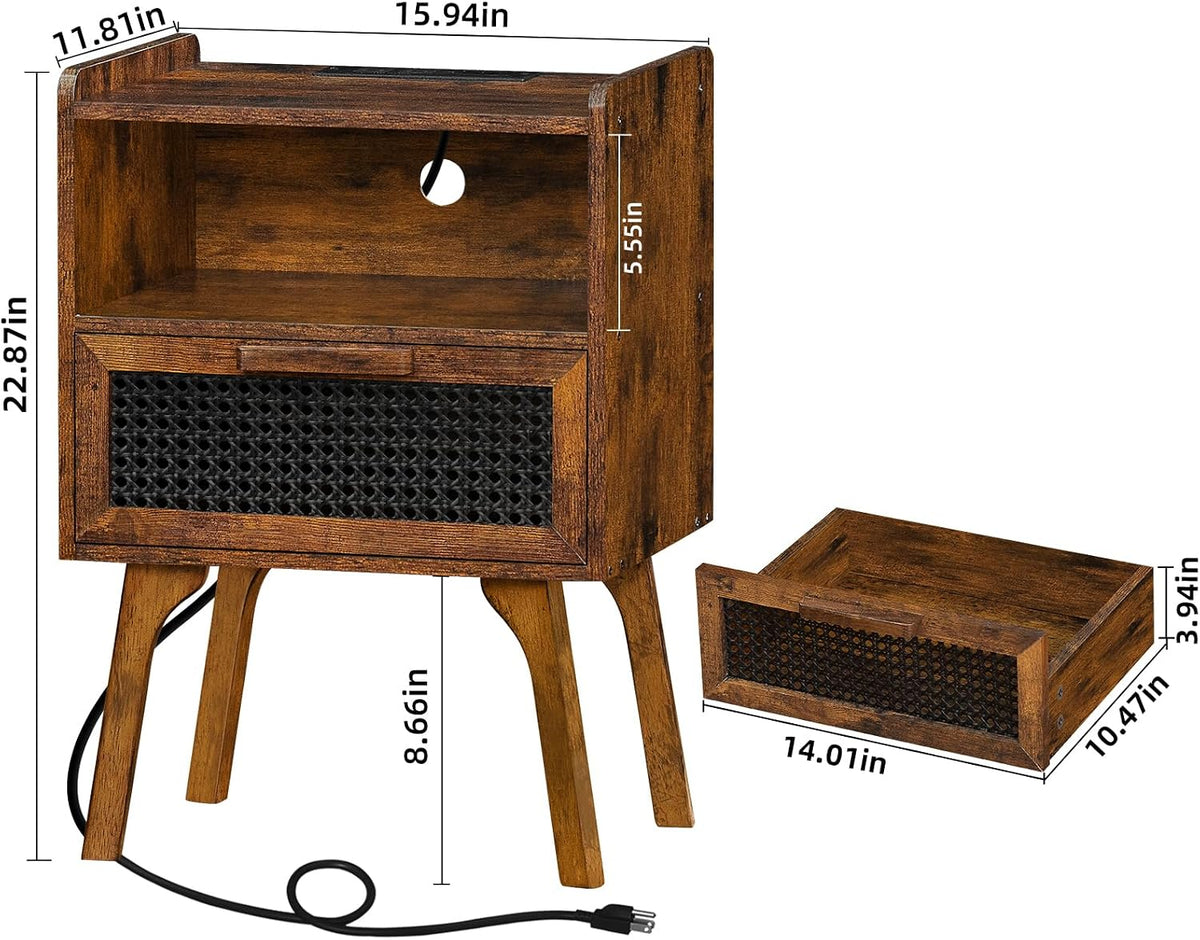 Lerliuo Rattan Nightstand with Charging Station, Side Table with Drawer