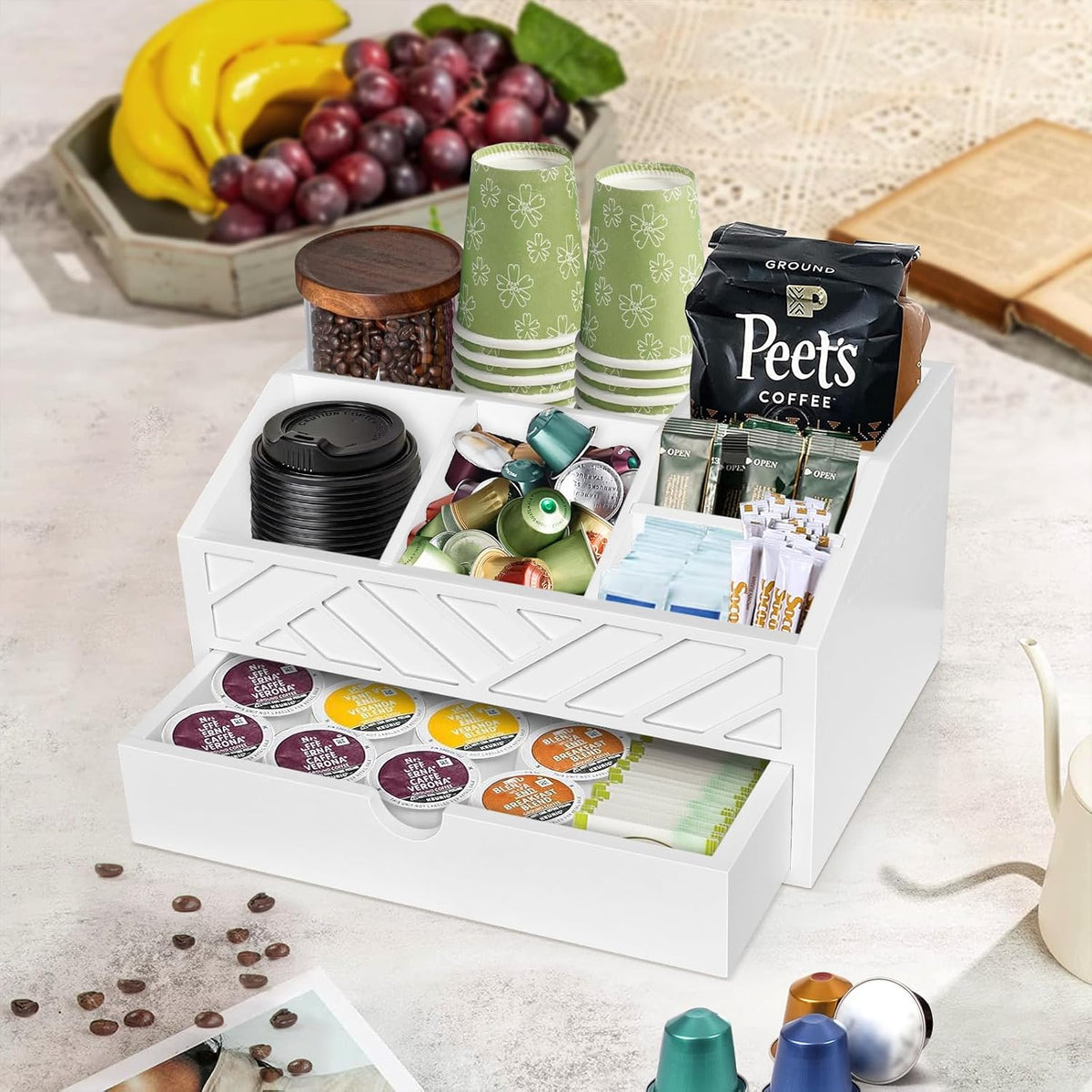 Coffee Bar Organizer with Drawer, Coffee Station Organizer for Countertop, Wo...