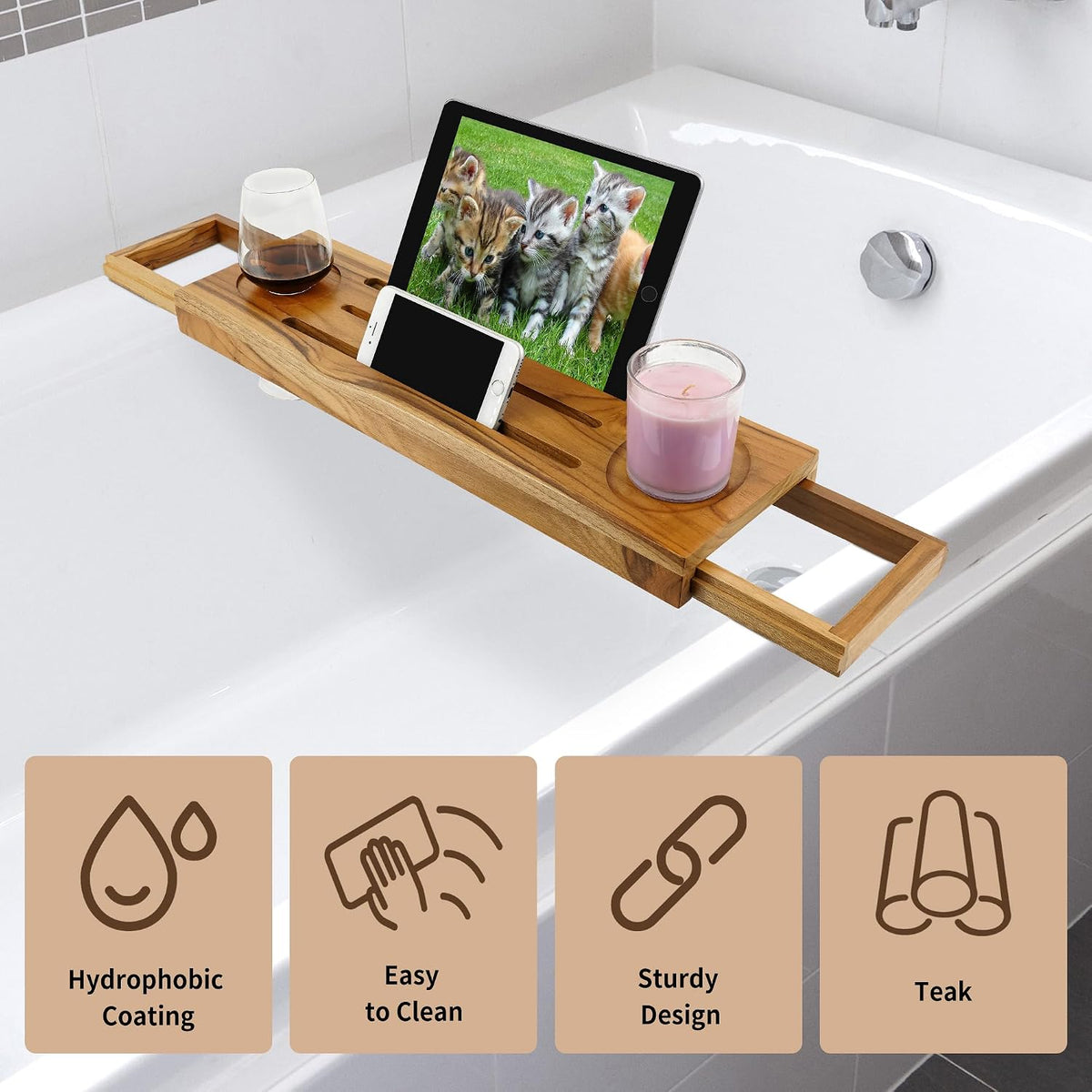 EcoFives Teak Bathtub Tray Caddy - Expandable Bath Tray - Adjustable Organize...