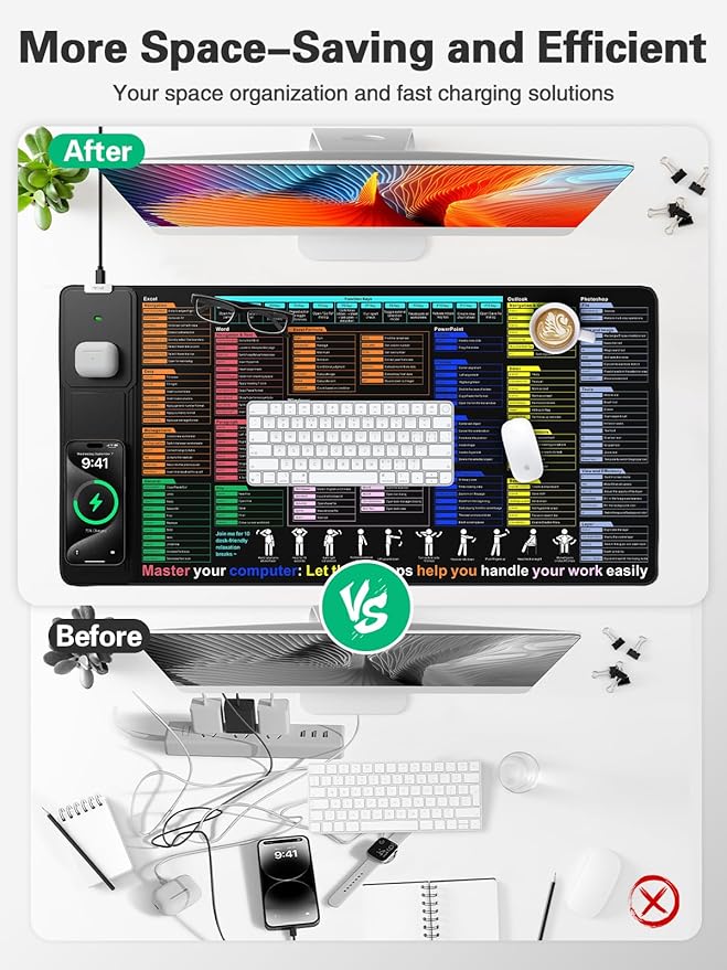 Mouse Pad with Excel Shortcut Keys, Desk Pad with Wireless Charger & Phone Stand - Image 4