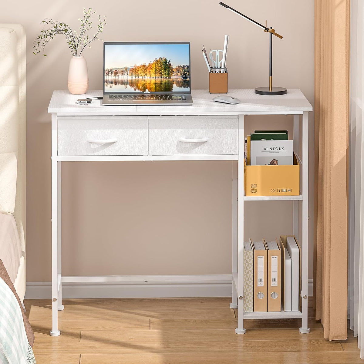 DAOUTIME White Computer Desk, 36 Inch Small Desk with Drawers, Home Office De...