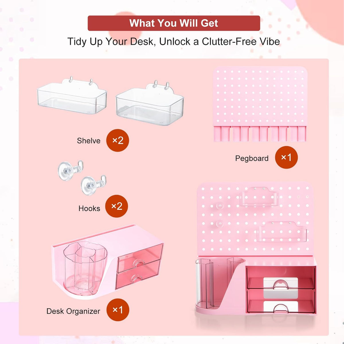 comix desk organizer with 2 drawer, pink 360°, package contents