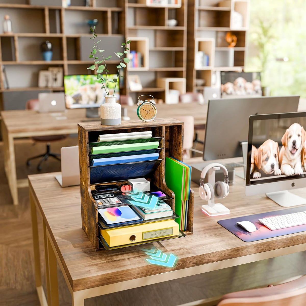 simple trending 7- tier desk file organizer, paper, close-up detail
