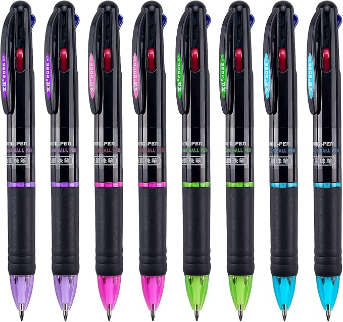 Bribobo 8 Pack Multicolor Ballpoint Pens 4-in-1 0.7mm Colored Retractable by Bribobo