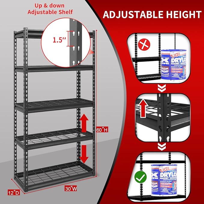 Shuntong The Atlas 30" W x 12" D x 60" H Adjustable Garage Storage Shelves Load - Image 3