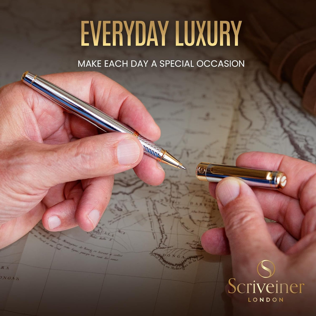 Scriveiner Silver Chrome Rollerball Pen - Stunning Luxury Pen, Real Gold Plat...