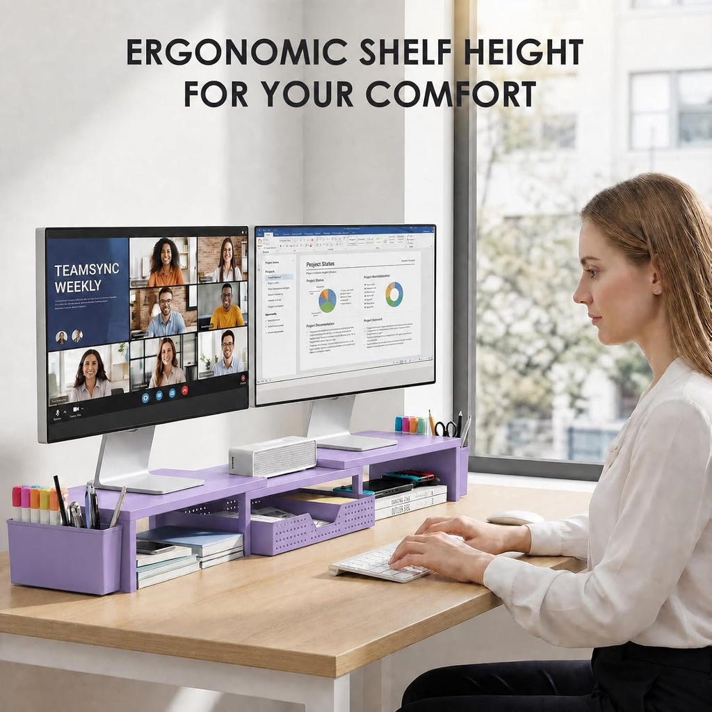 opnice desk organizers and accessories, dual monitor stand shown in use