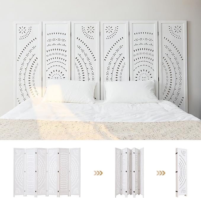66.9Inch Folding Room Divider, 6 Panels Wood Carved Privacy Screens, Free - Image 3