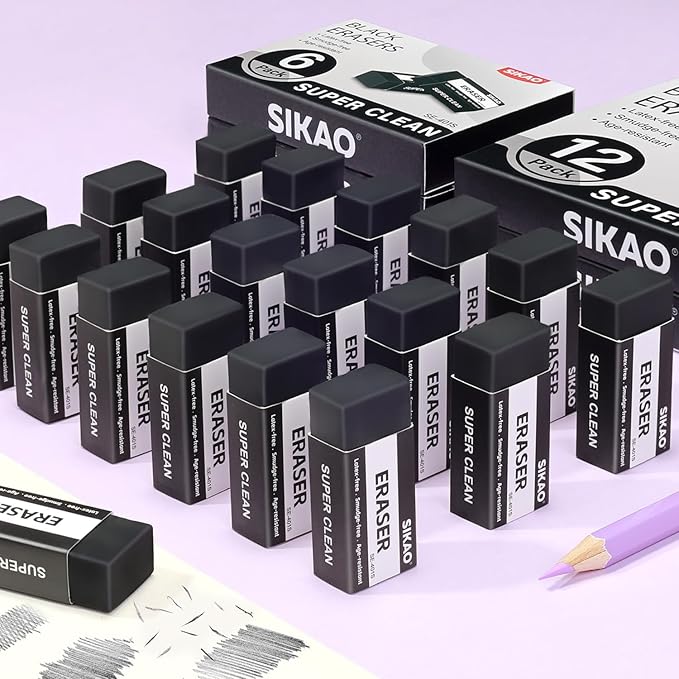 Black Erasers, 6 Pack Block Pencil Erasers – Smudge-Free Latex-Free Art Erasers - Image 5