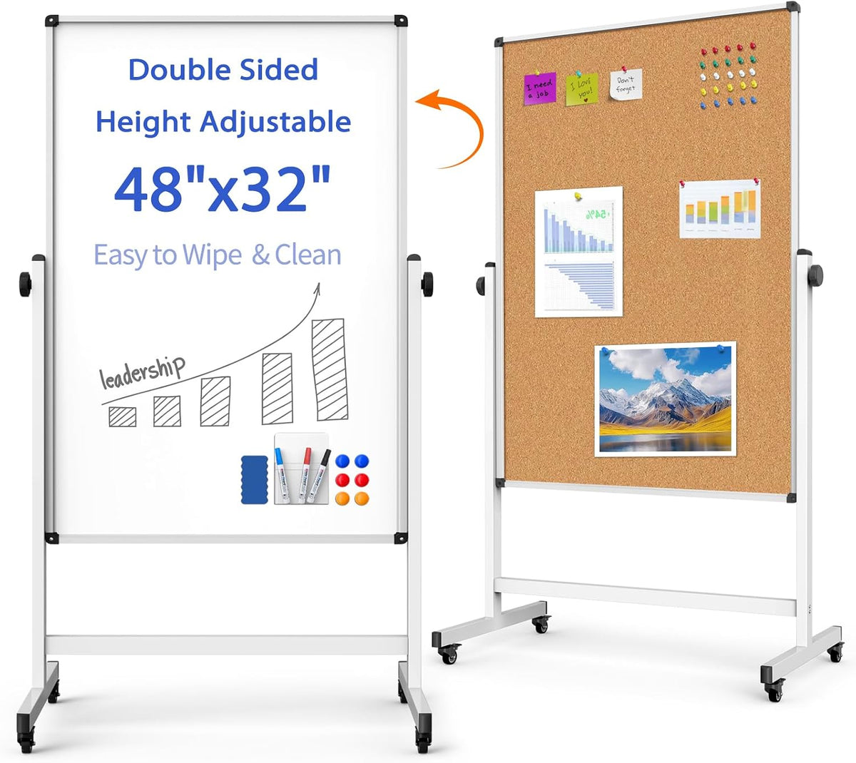 Double-Sided Whiteboard and Corkboard on Wheels, 48 x 32 Inch Magnetic Dry