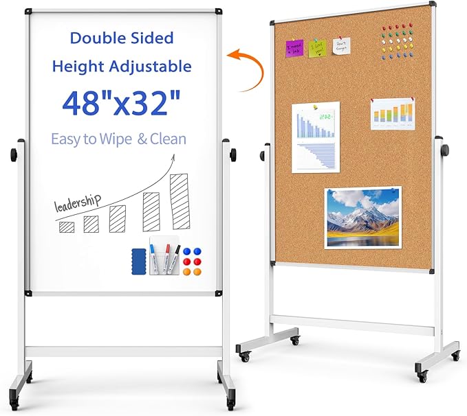 Double-Sided Whiteboard and Corkboard on Wheels, 48 x 32 Inch Magnetic Dry by WOREEY